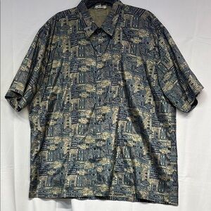 THAI Silk made in Thailand tribal short sleeve full button up  blue & tan shirt